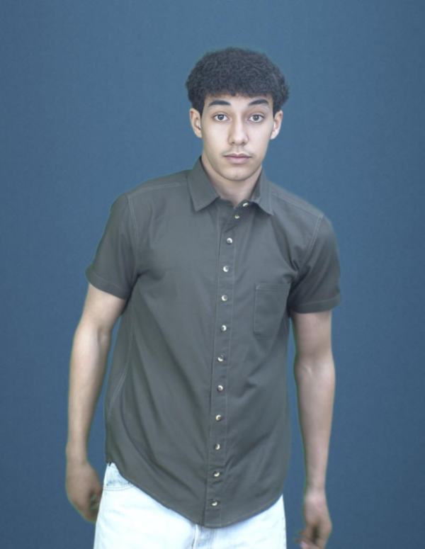 Rugged khaki green shirt with a magnetic closure, decorative buttons, and short sleeves, ideal for adventurous outings.
